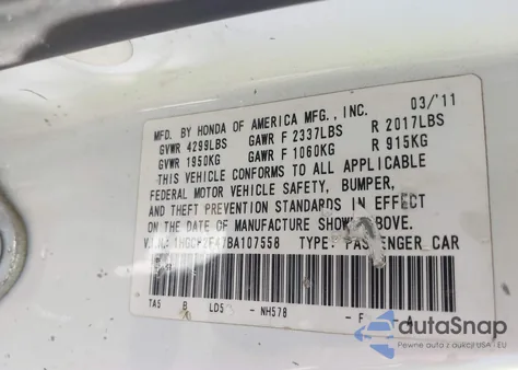 2011 Honda Accord 2.4 Lx-P из США, поврежденный, VIN 1HGCP2F47BA107558